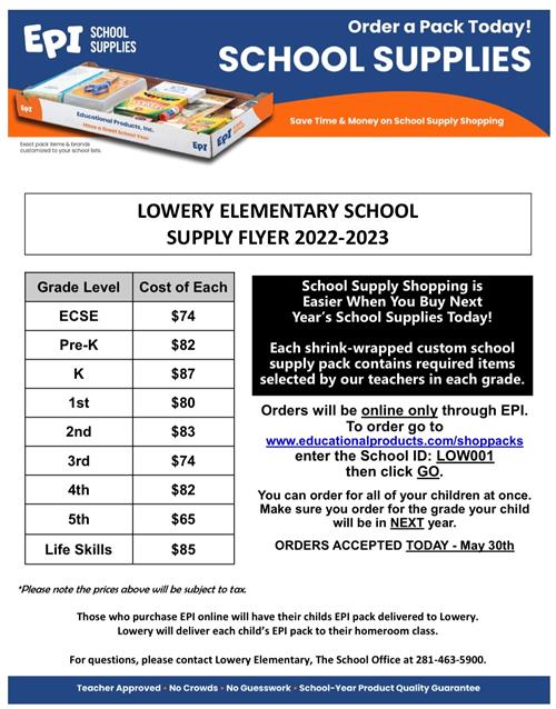 School Supply Order Info